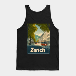 This vibrant travel poster showcases Zurichs classic architecture and picturesque streets, featuring red trams weaving through a lively Tank Top